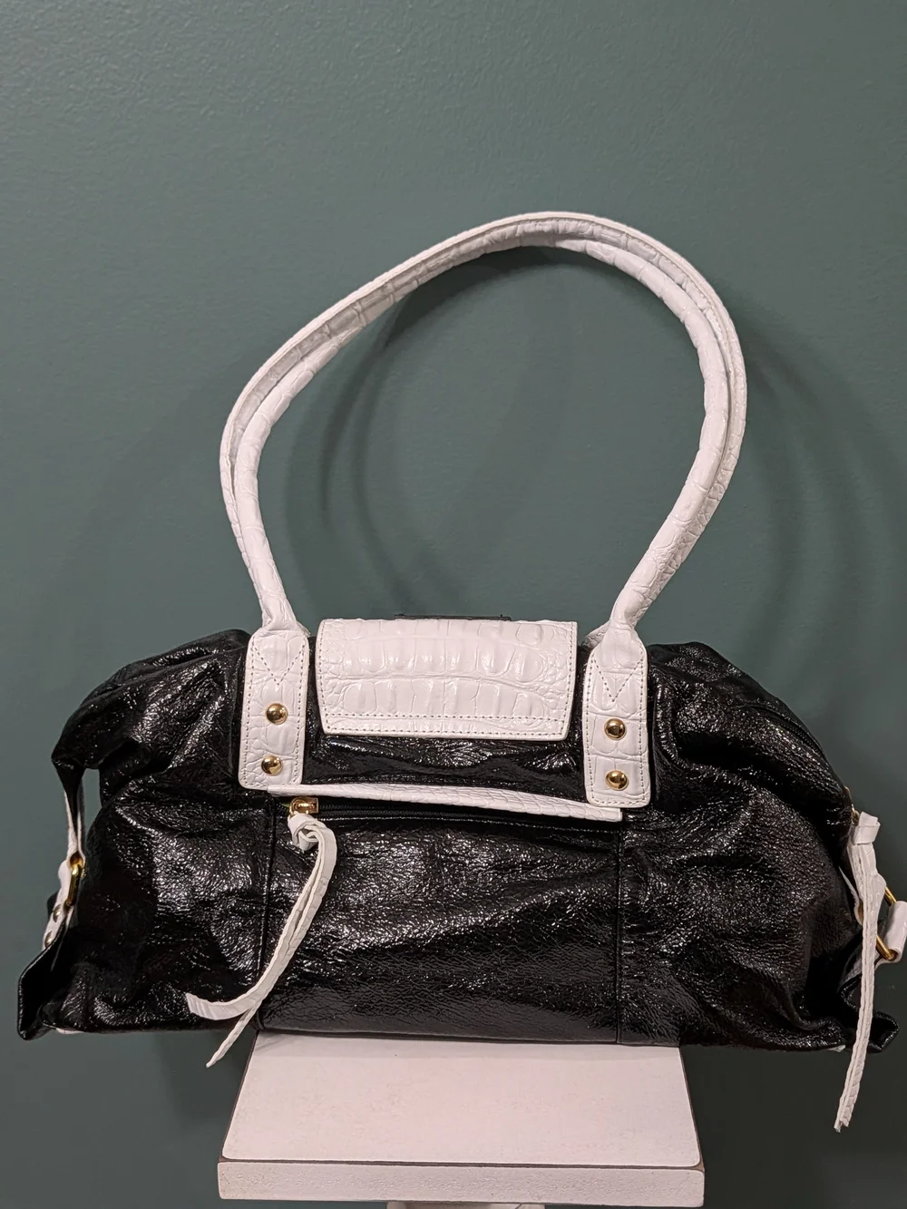 NWOT Sharif Studio Black Patent White Croc Leather Shoulder Bag + Accessory